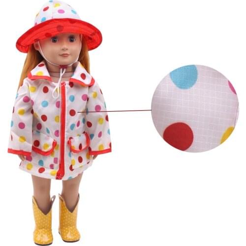 18 Inch American Doll Girls Dress White Polka Dot Raincoat + Rain Hat Newborn Baby Toys Accessories Fit 40-43 Cm Boy Dolls c271
