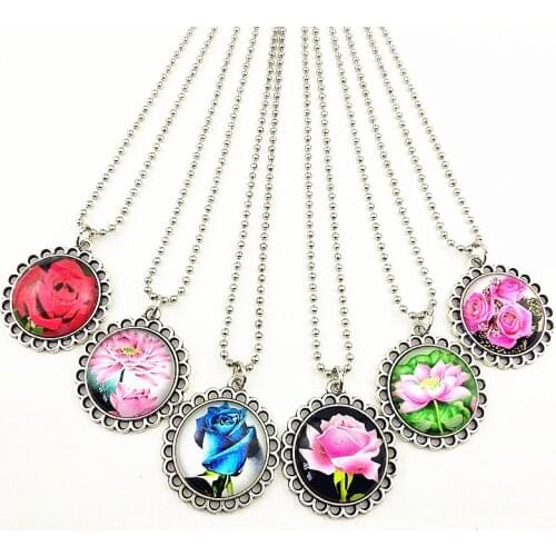 24pcs New design Lotus, red rose, blue rose, pink rose Mandala Necklace for women party gift Pendant wholesale