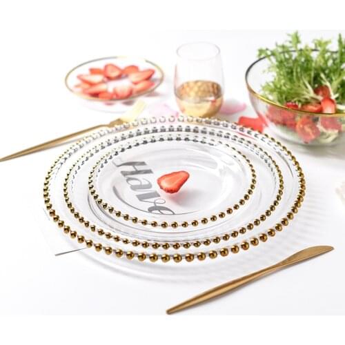 8inch Reusable Ceramic Glass Plate European-style Beaded Gold-plated Porcelain Dessert Salad Plates for Fruit Dish Western Food