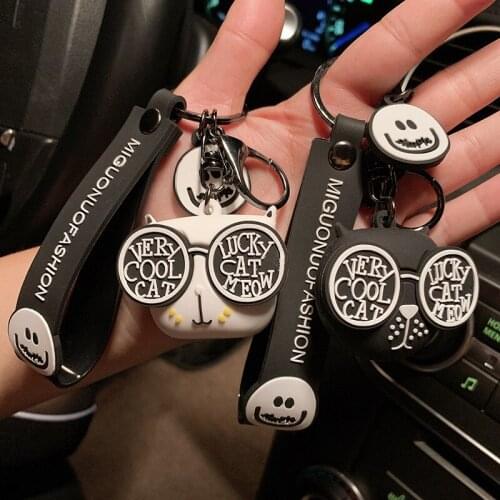 Creative Cartoon Glasses Cat Head Keychain 2 Color Lovers Key Chain for Women Car Purse Trinket Charms Small Gift Wholesale