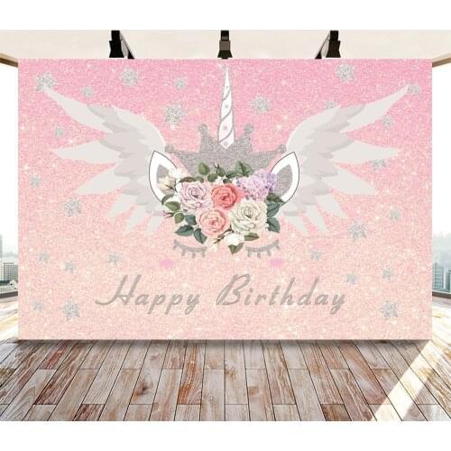 Photography Backdrop Unicorn Wing Rainbow Flowers Happy Birthday Party Background Photo Studio Backdrop Photocall Photo Prop