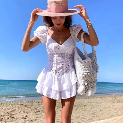 GypsyLady White Embroidery Sexy Mini Dress Lace Cotton Chic Party Women Dress Eyelet Sheer Ruffle Backless Ladies Female Dresses