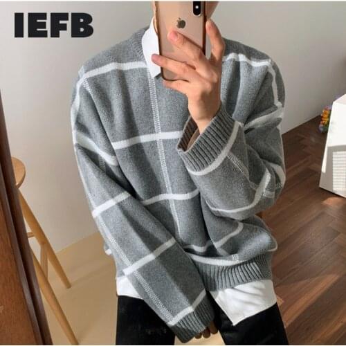 IEFB /mens wear plaid sweater 2020 autumn witner new Korean style loose pullover knitted tide tops all-mtch cintage 9Y3248