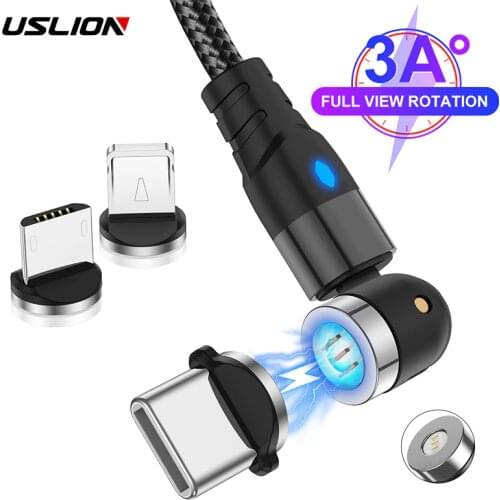 USLION 540 Rotate Magnetic Cable Micro USB Type C Cable Magnetic 3A Fast Charger Cable For iPhone 11 Pro XS Max Samsung Xiaomi