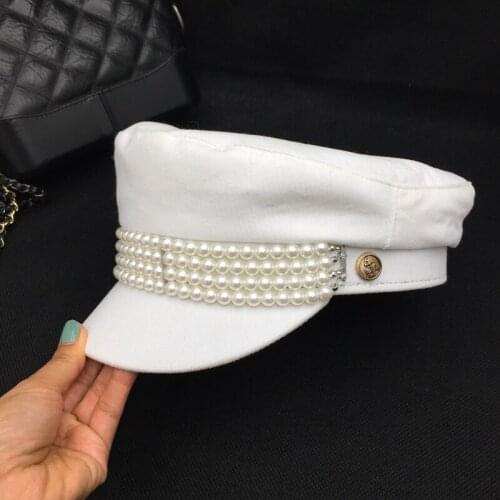 Visors White pearl flat-topped navycap son tide make you special girl feeling high sweet girl military hats
