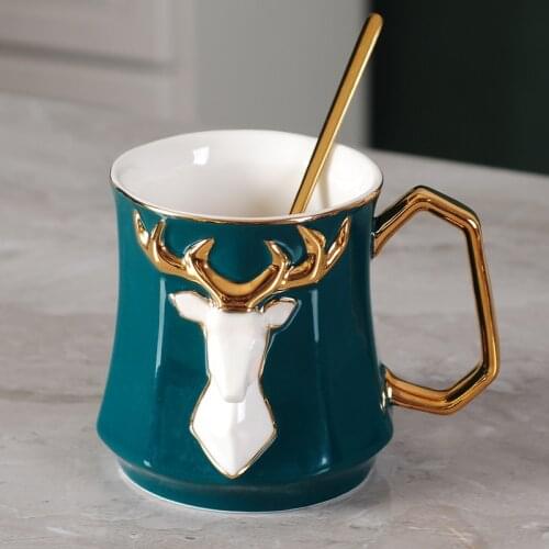 Cute Elk 3D Emboss Ceramic Coffee Mug Classic Dark Green Painted Golden Deer Christmas Gift Idea Cup