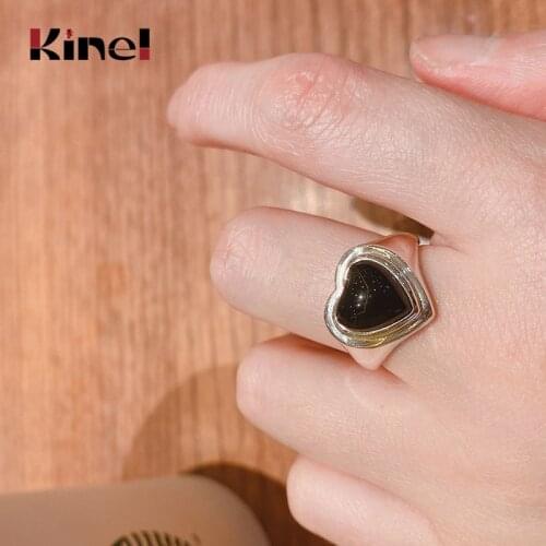 Kinel Vintage Black Agate Ring Real 925 Sterling Silver Simple Love Heart Finger Rings For Women Minimalist Fine Jewelry Gifts