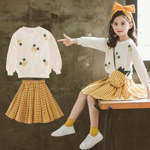 2020 Childrens Autumn Cotton Sweater Shirts+Skirts 2pcs teen kids girls clothes Sets Pineapple Big girl clothing Suit