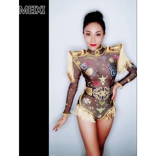 Handsome British style tasseled printed jumpsuit nightclub bar concert DJ singer/dancer costumes