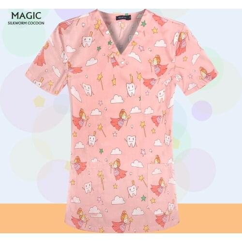 Unisex Tooth Printed Medical Tops Cotton Spa Uniforms Tops Pet Grooming Workwear Scrubs Women Uniforms Beauty Salon Work Clothes