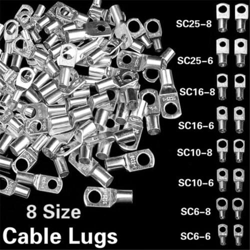 10PCS 8 Size Copper Cable Lugs Connectors Tubular Ring Terminals Tinned Bare Electric Cable Crimp Terminals