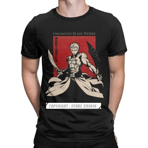 Mens Tshirt Camisas Hombre Emiya Blade Works Fate Grand Anime Saber Buster FGO Arts Attack T Shirts