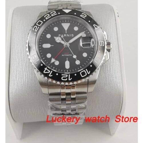 New Parnis 40mm black dial red GMT luminous marks Black Ceramic Bezel sapphire glass automatic Mens Watch-PA98