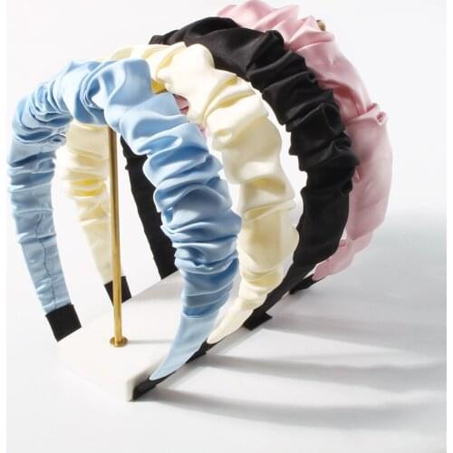 Sweet Color Ruched Glossy Satin Hairband Korean Folds Headband Jewelry Wide Side Hair Band For Women Fashion Hair Accessories