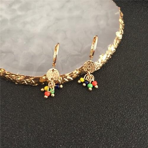 Lovely Cute Textured Round Disc With Colorful Bead Charm Small Hoop Earrings For Women Girl