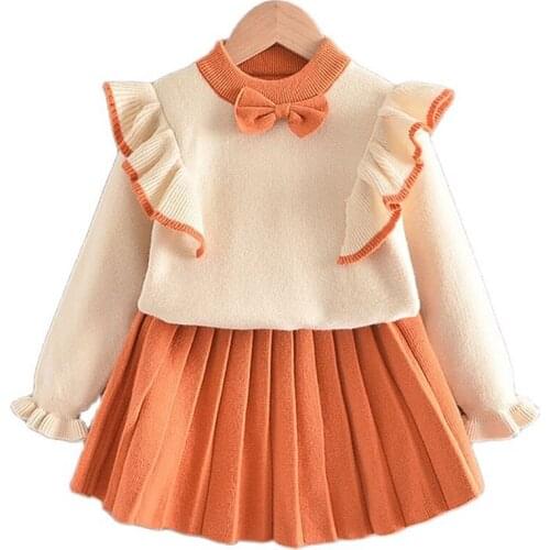 Autumn Winter Kids Baby Girls Set 2021 New Flying Sleeve Bow Knitting Top+Skirt Suits for Children Girls Princess Dress Sets