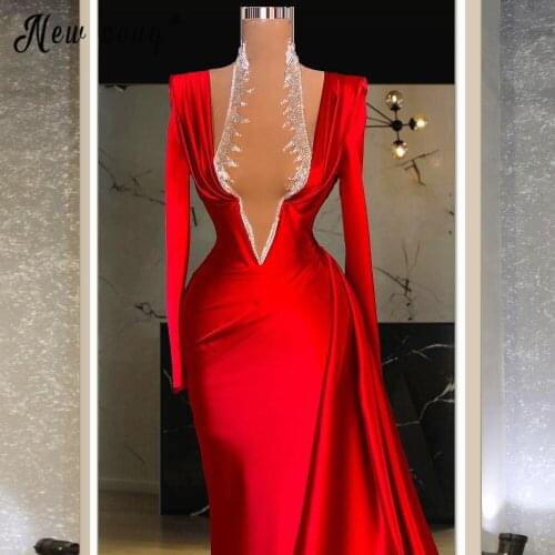 Sexy Red Evening Gown Deep V Neck Mermaid Sweep Train Dress Dubai Couture 2021 Turkish Robe Long Prom Dresses