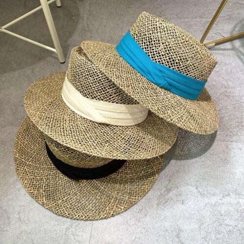 2021 New Summer Women Wide Brim Seagrass Straw Hat Fashion Lady Kentucky Derby Sun Hats Boater Panama Beach Cap Chapeu Feminino