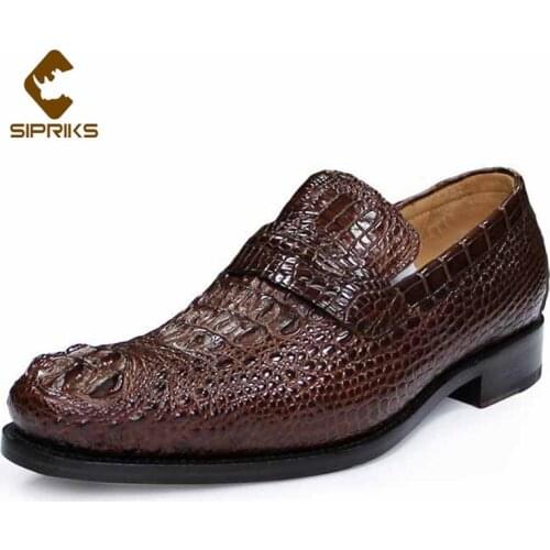 Sipriks Mens Dark Brown Slip-On Loafers Crocodile Skin Leisure Shoes Italian Handmade Goodyear Welted Formal Wedding Dress Shoes