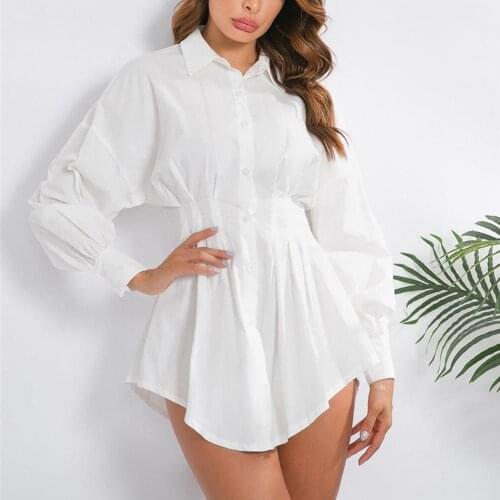 Sexy Women Solid Color Waist Tight Long Sleeve Buttons Mini Shirt Dress Skirt