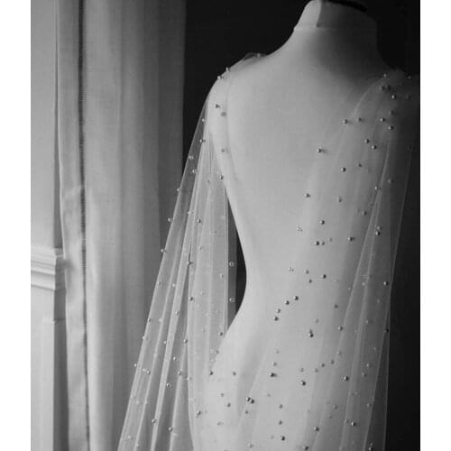Bridal Veil With Pearls Long Wedding Cape Scattered Pearls Cathedral Length Shoulder Veil Beaded Wedding Veil With Comb