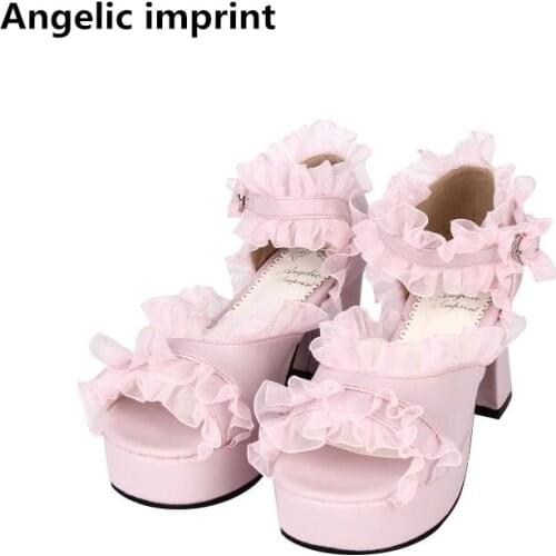Angelic imprint woman mori girl lolita cosplay shoes lady high thin heels pumps women princess sweet dress sandals lacework 46