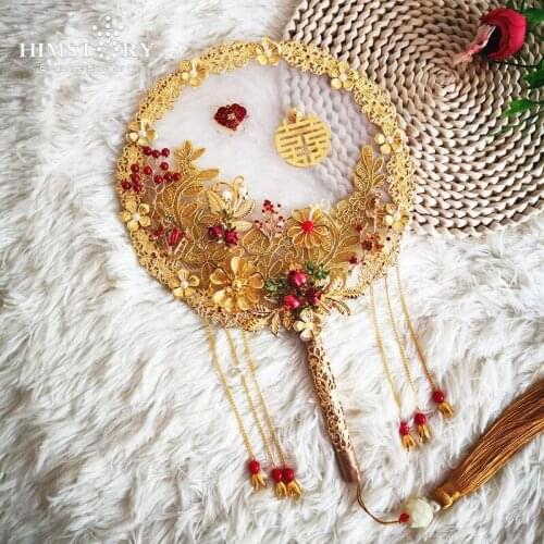 HIMSTORY Female Classical Dancing Round Chinese Style Handheld Both Side Flower Fan with Tassel Pendant Bridal Bouquet Fans