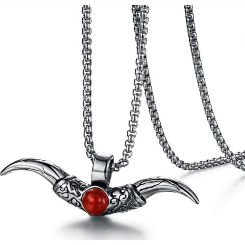Valily Punk Vintage Ox Horn Pendant Necklace Stainless Steel Cool Horn Necklace with Red Aagate Stoen Necklaces Jewelry
