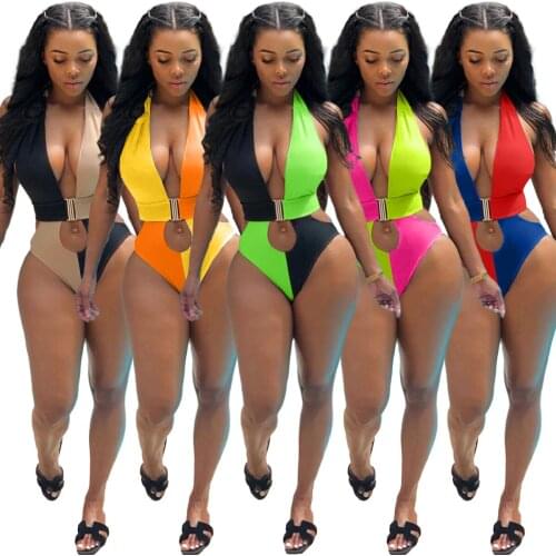 Y5128 European and American foreign trade womens sexy backless stitching solid color halter one-piece swimsuit 5 colors availab