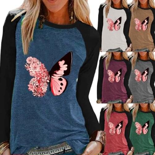 Womens Autumn Casual Contrasting Color Long Sleeve Butterfly Print Shirt Loose T-shirt Pullover Oversized Sweatshirt