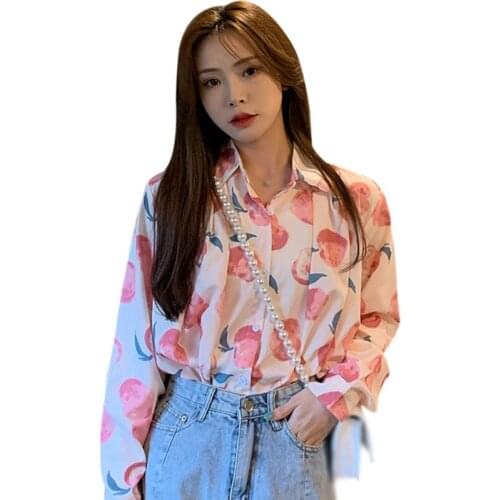 Summer New Women Retro Shirts Peach-printed Breathable Shirts Single-breasted Spring Button Straight Tops