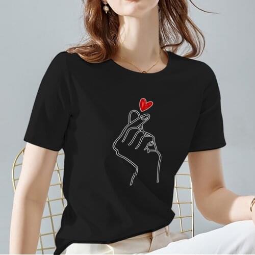Women Tops Tee Black All-match Casual Ladies T-Shirts O Neck Love Heart Pattern Print Commuter Short Sleeve Womens Clothing