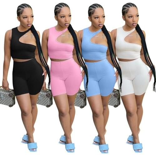 Tracksuit Women Two Piece Set Solid Crop Top and Shorts Set Summer Sleeveless Casual Joggers Biker Shorts Sexy Outfit For Woman