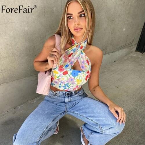 Forefair 2021 Floral Print Tube Corset Crop Top Women Halter Neck Summer Y2K Sexy Cami Casual Off Shoulder Backless Tank Tops