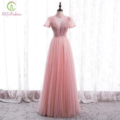 SSYFashion New Pink Long Evening Dress Sweet High-neck Puff Sleeve Beading Elegant Prom Formal Gown for Women Vestidos De Noche