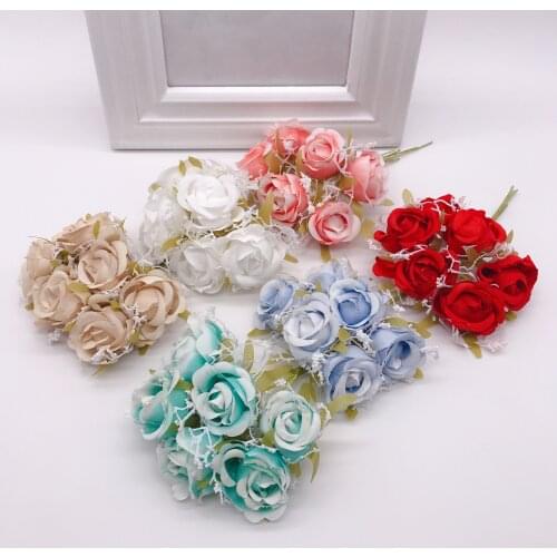 6pcs/lot White Lace high quality Silk Rose Bouquet Artificial Flowers Wedding Decoration DIY Garland Scrapbook Gift Box Craft