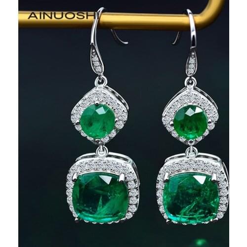 AINUOSHI 925 Sterling Silver Cushion & Round Lab Created Emerald Personalise Hook Earrings For Women Fine Jewelry Gifts