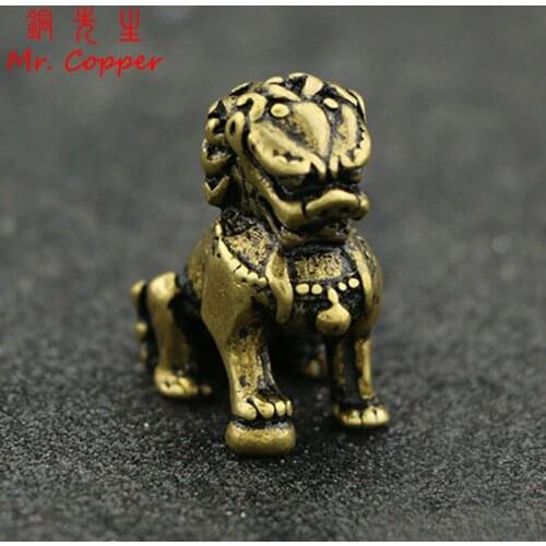 Antique Copper Lion Statue Feng Shui Ornaments Retro Brass Animal Kirin Miniatures Figurines Home Decor Office Desk Decoration