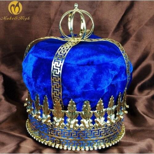 Men 9" Gold Tiara Large Diadem Emperor King Royal Blue Velvet Crown Austrian Rhinestone Parade Pageant Party Costumes
