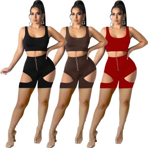 Fitness Women Two Piece Set Solid Crop Tank Top + Zipper Up Skinny Biker Shorts Sporty Jogger Set Sexy Hollow Out Tracksuits