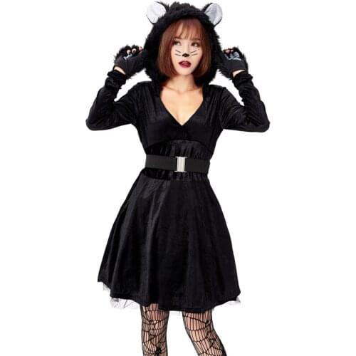 Adult Halloween Cosplay Couple Costume Animal Play Black Cat Hooded Net Gauze Puffy Skirt Halloween Costume