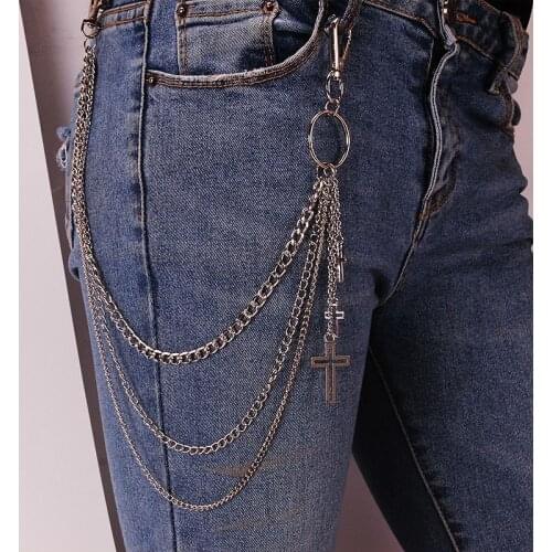 Punk Metal Cross Chain for Pants Waist Chain Women Men Cross Keychain Clip on Chains Pants Belts Punk Jeans Rock Hip Hop Jewelry