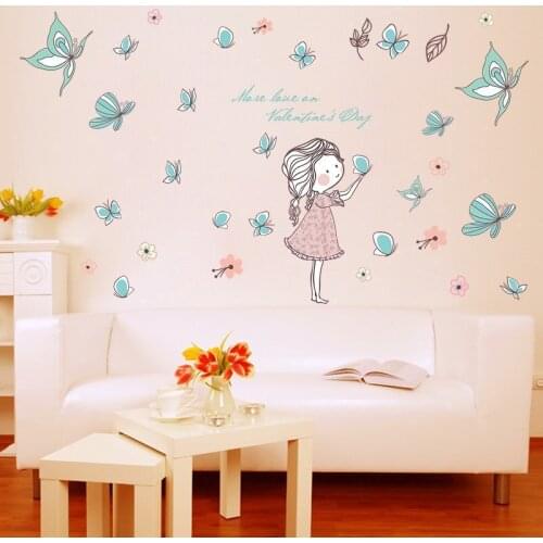 Cartoon Lovely Girl Butterfly Flower the sticker on the wall For livingroom Girls bedroom nursery decor Home wall stickers mural