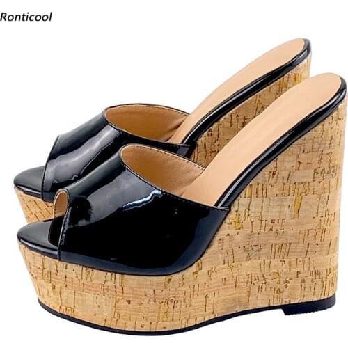 Ronticool Customize Handmade Women Glossy Mules Sandals Sexy Wedges Heels Open Toe Beautiful Black Shoes Slippers US Size 5-20