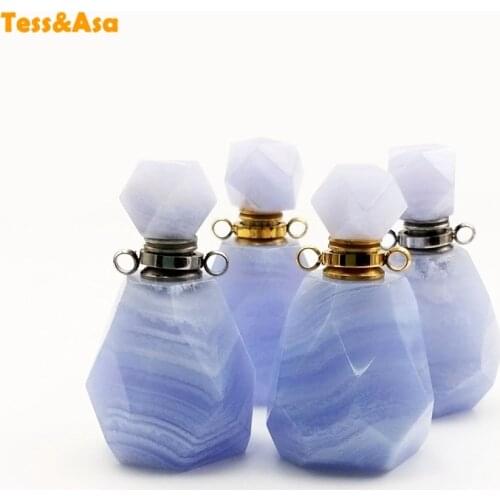 Natural Blue Lace Agates Gems stone Perfume Bottle Opened Necklace Essential Oils Diffuser Pendants Hand Carved Pendant Jewelry