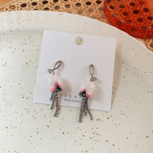Origin Summer Fantasy Pink Tulip Long Tassel Rhinestone Dangle Earring for Women Chain Silver Color Metal Earring Jewellery