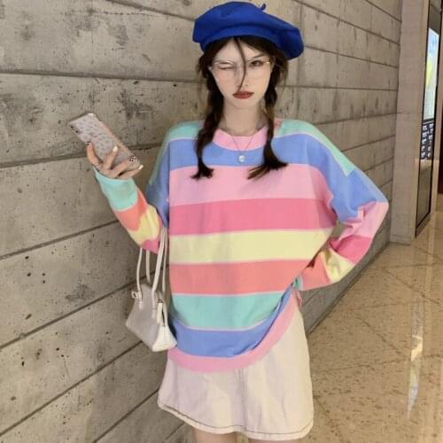 Autumn new O-neck contrast color rainbow stripes loose long sleeves sweater