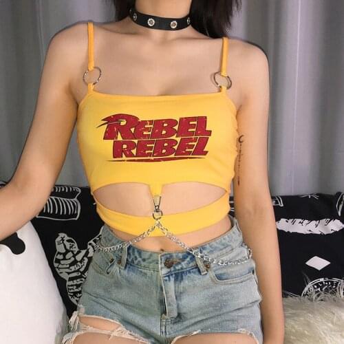 Sexy Womens Tops Punk Hollow Out Crop Top Fashion Goth Letter Print Metal Chain Yellow Camisole Clubwear Holiday Clothes 2021