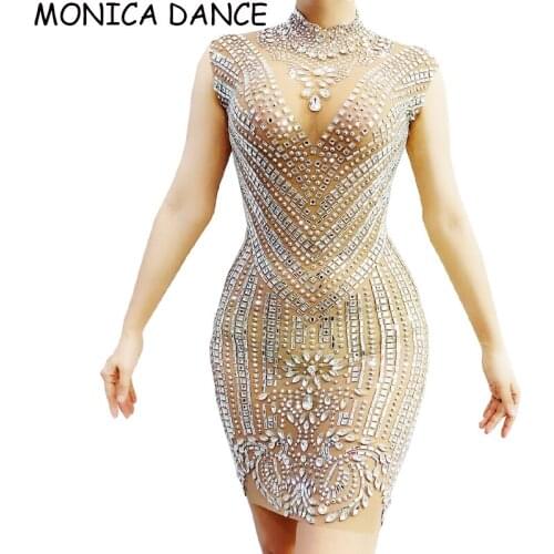 Silver Rhinestones Transparent Mesh Dress Women Birthday Celebrate Costume See Through Wear Women Dancer Evening Show Dresses