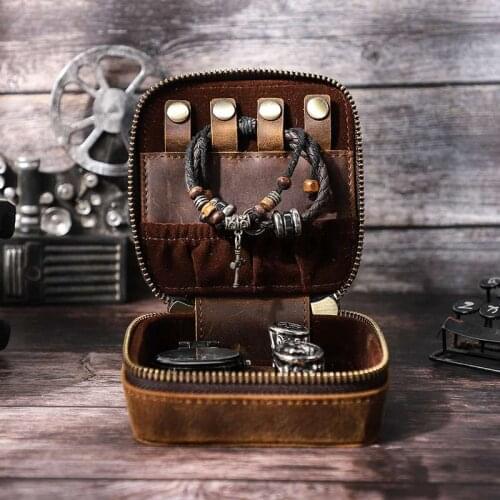 Crazy Horse Leather Vintage Jewelry Box Organizer Portable Zipper Jewellery Storage Display Bag Case Personalized Customize
